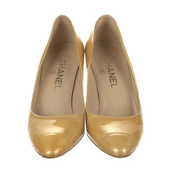 Chanel 36 Beige Patent Leather Silver CC Logo Pumps - Picture 9 of 11